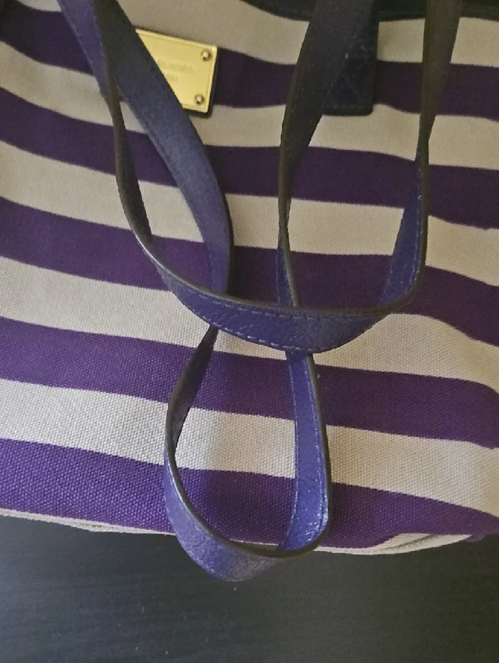 Michael Kors Striped Purple and Cream Tote with Gold-Tone Plaque - Picture 7 of 15